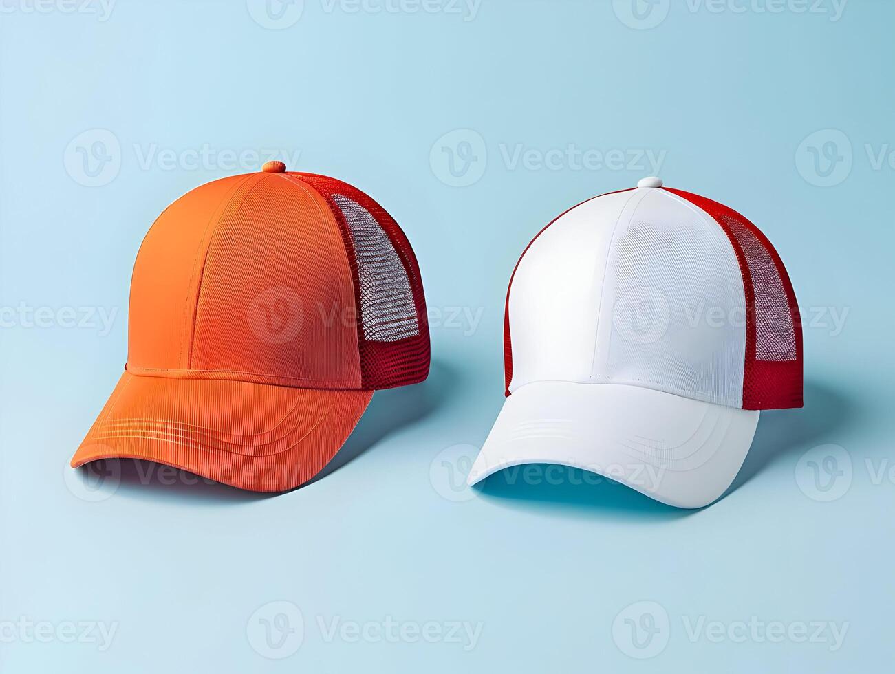 AI generated Two baseball caps mock-up placed side by side on a blue background. High-resolution. AI Generative photo