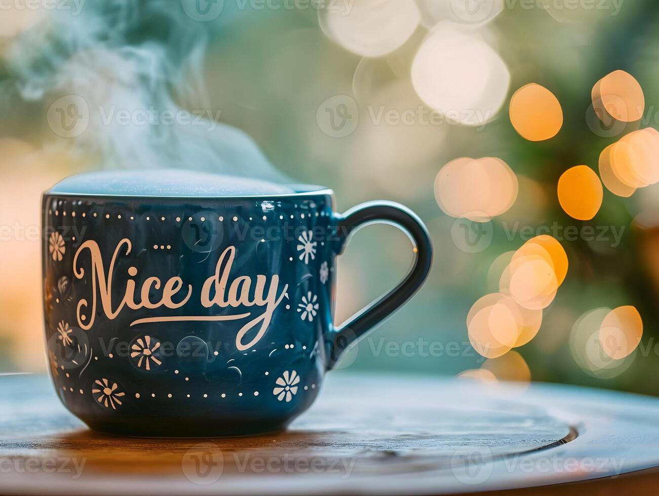 AI generated A blue cup with the text Nice day Cozy warm tea High resolution. AI Generative photo