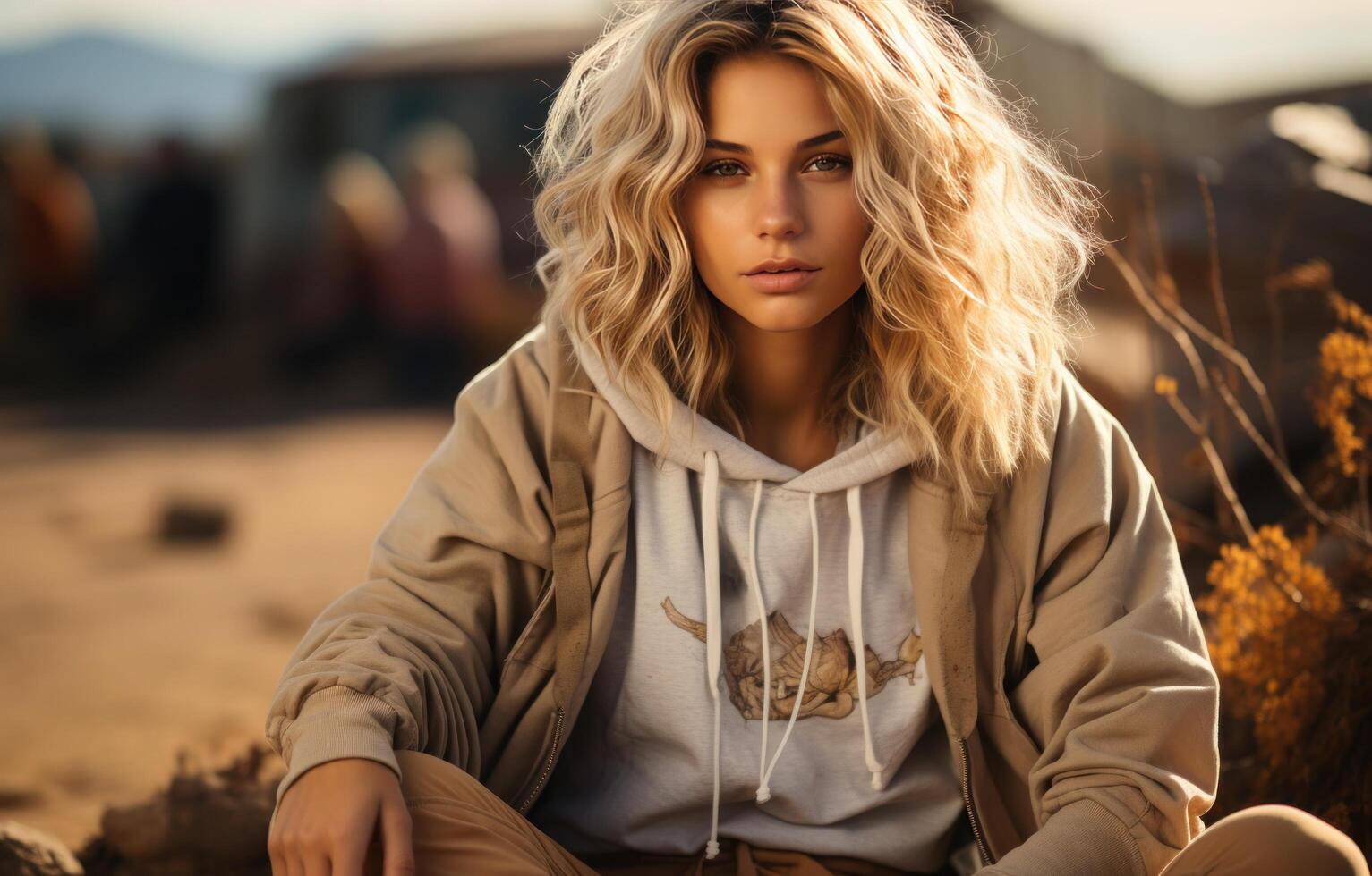 AI generated young woman sitting on the road, photo