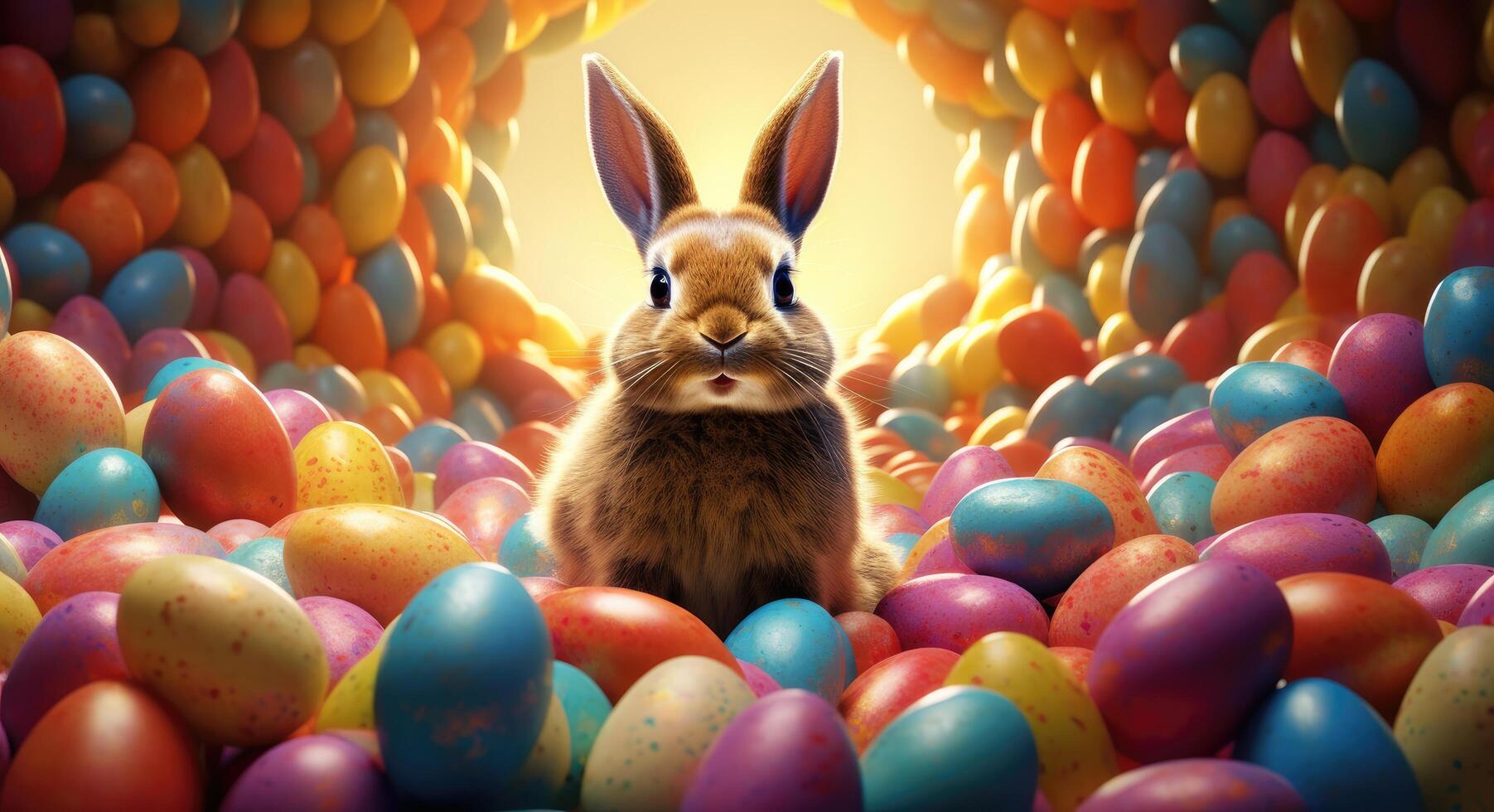 AI generated a bunny sitting in colorful eggs surrounding him photo