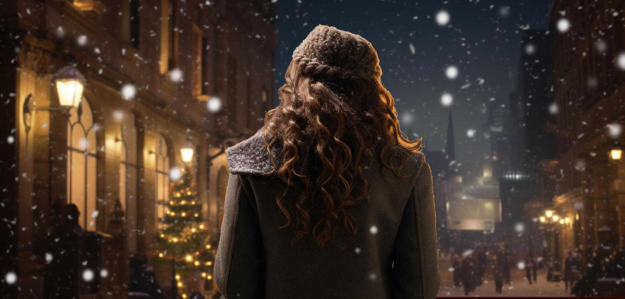 ai generado mujer mirando a el Navidad nevada en un ciudad calle, foto