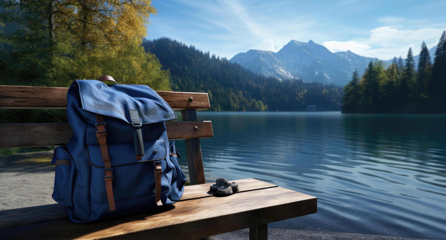 AI generated a blue hiking pack sitting on a bench near a lake photo