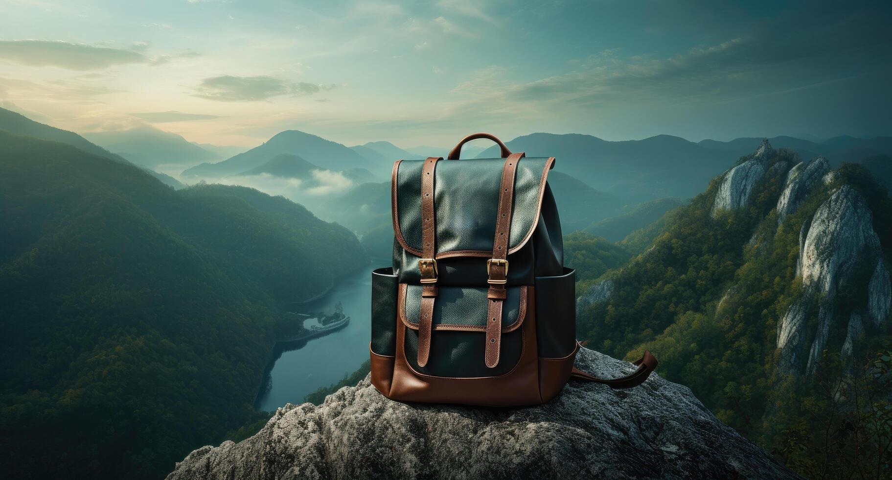 AI generated a backpack that is sitting on a mountain, photo