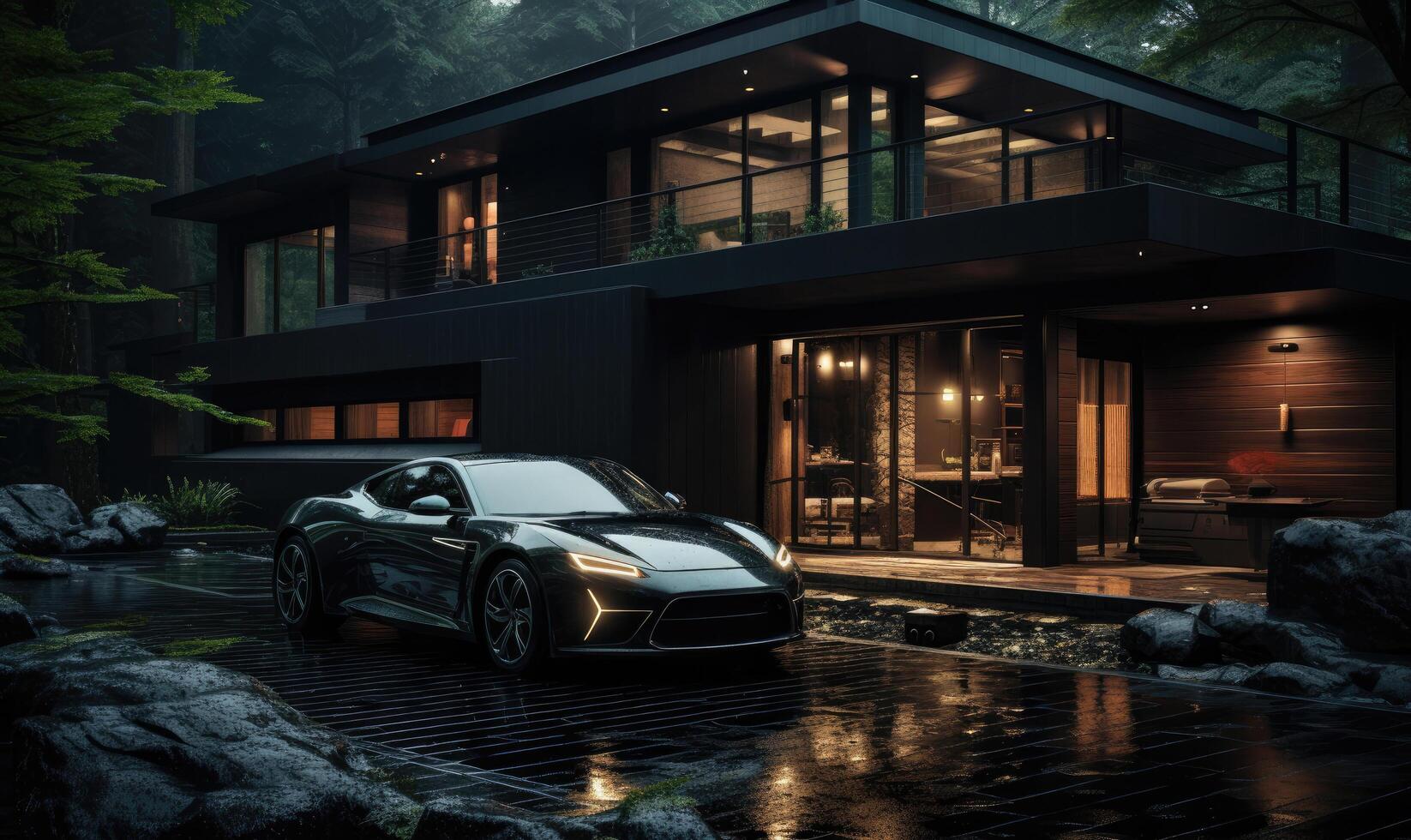 AI generated a black and silver home with a garage photo