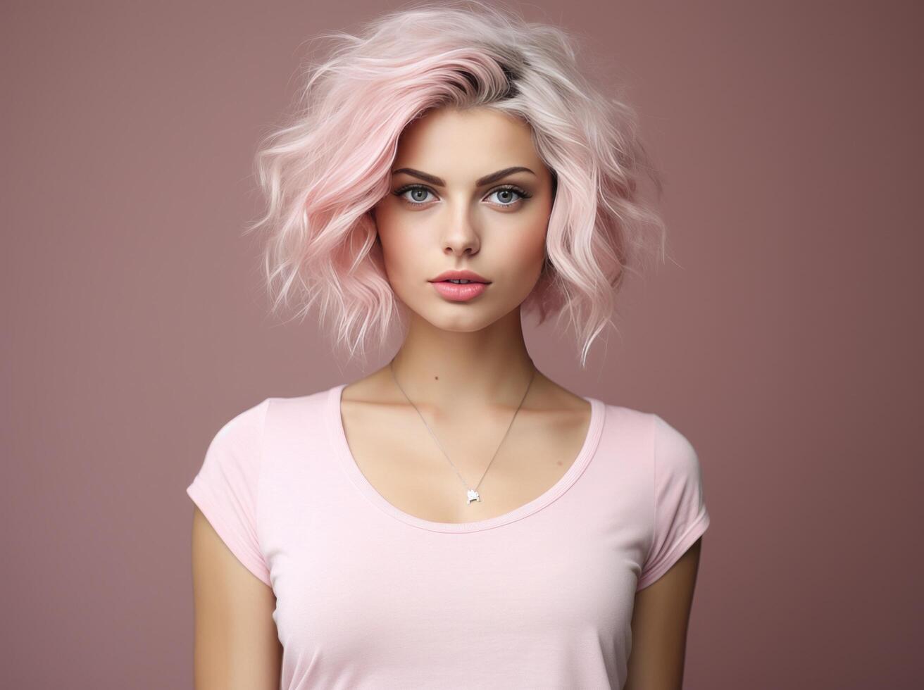 AI generated young woman wearing pink colored shirt, shorts, pants and belt on pink background photo