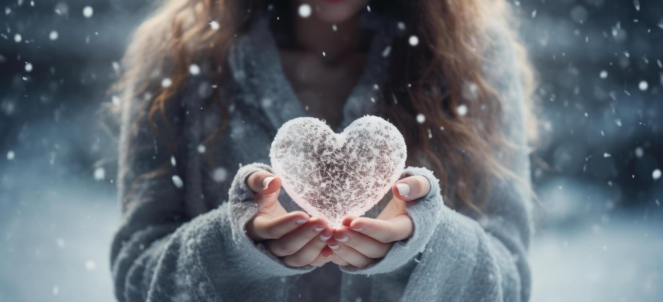 ai generado mujer participación corazón conformado nieve en su manos el nieve es que cae en frente de ellos foto