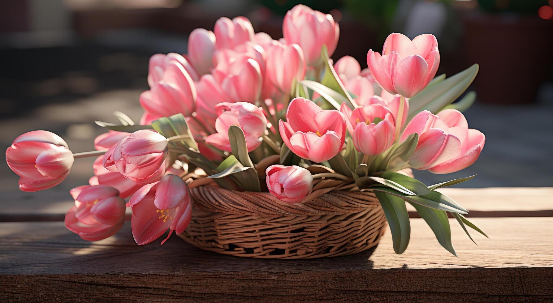 AI generated tulips in a basket on concrete photo
