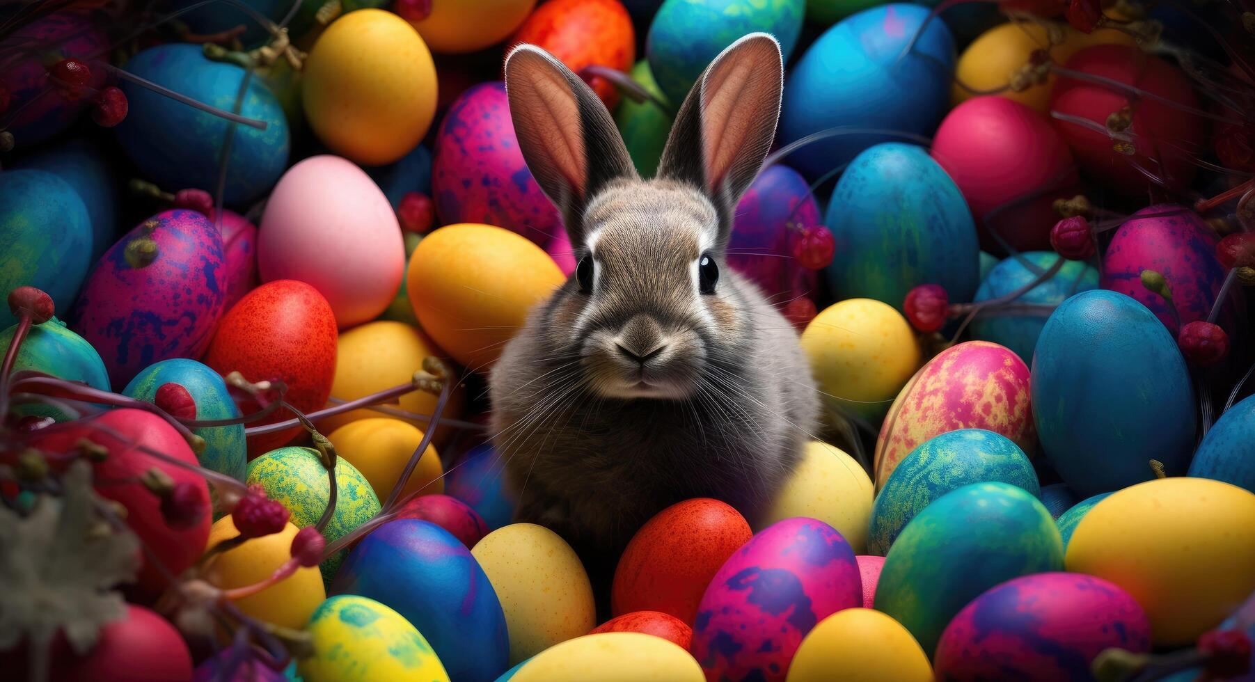 AI generated a bunny sitting in colorful eggs surrounding him photo