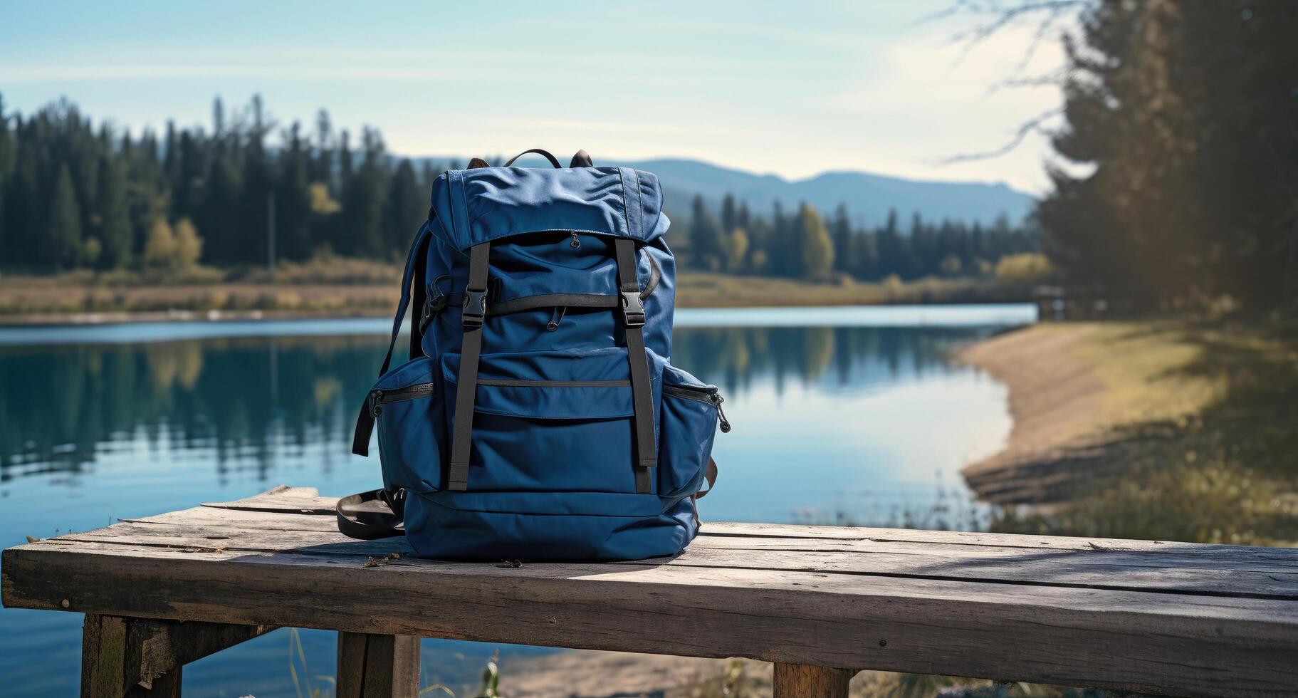 ai generado un azul excursionismo paquete sentado en un banco cerca un lago foto