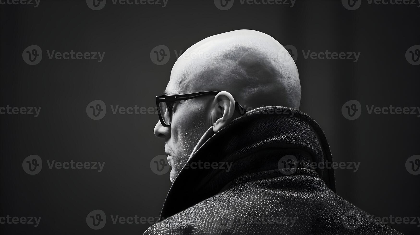 AI generated A bald man in specs minimalism. Stylish businessman black and white photo on a dark background. High-resolution. AI Generative