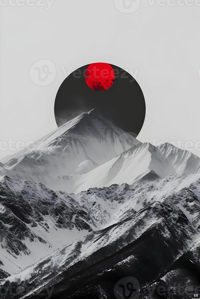 AI generated Snowy mountains surrounded by symmetry in the center black, white, and red colors. Stylish landscape postcard. High-resolution. AI Generative photo