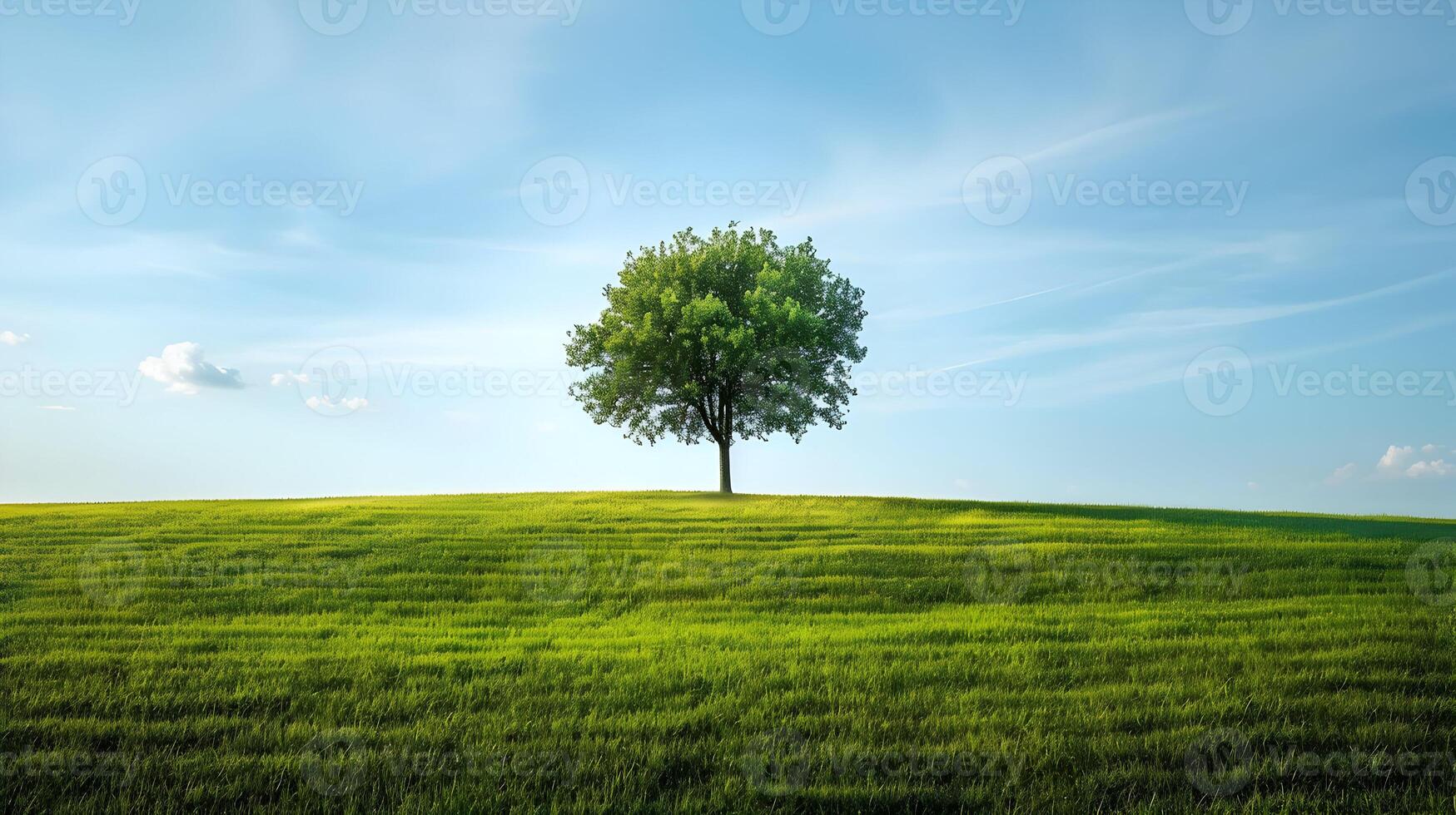 AI generated One tree on a wide grass plain with a blue light sky. A beautiful landscape bright sunny day. High-resolution. AI Generative photo