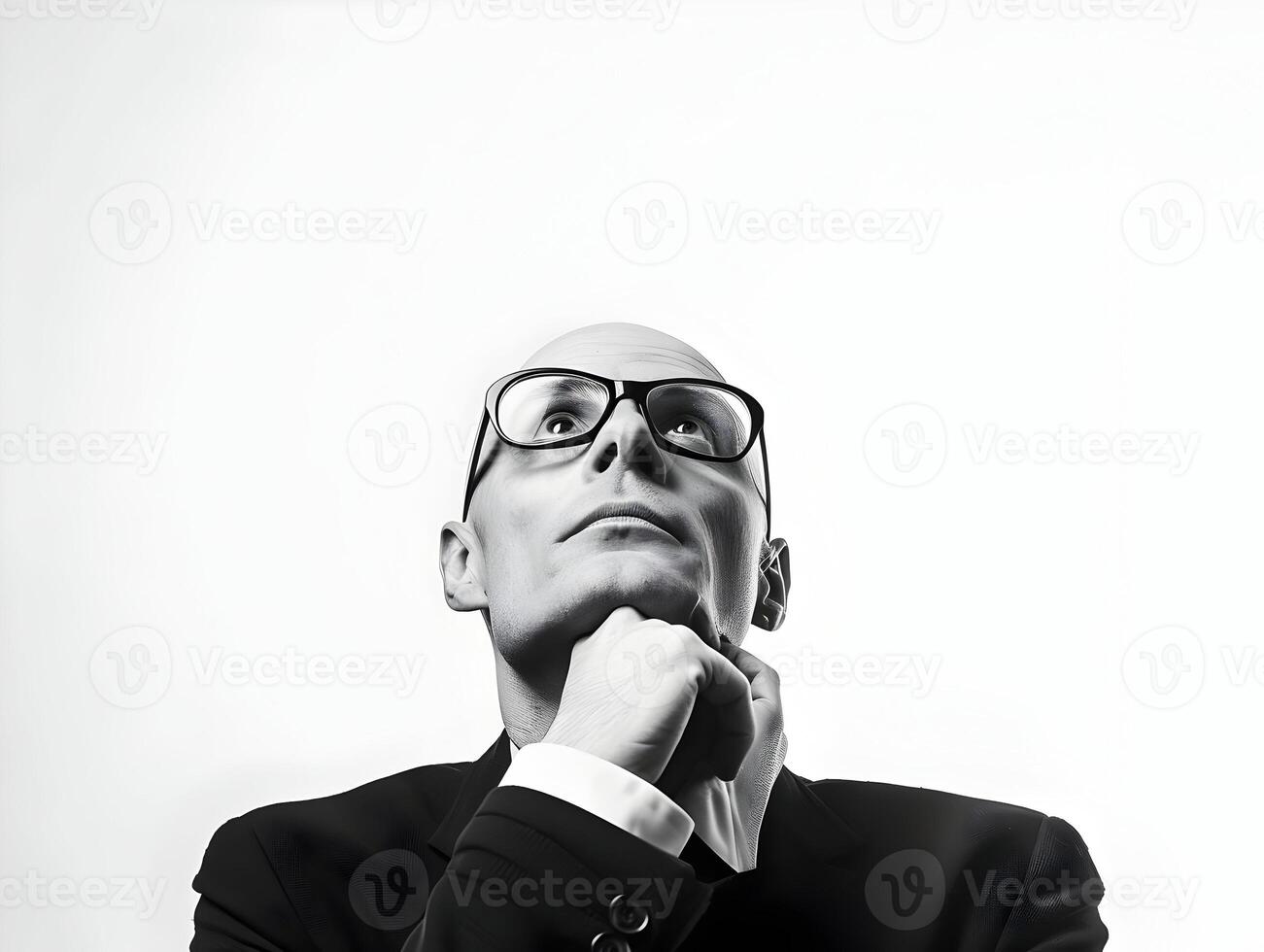 AI generated A bald man looking up isolated on a white background. Businessman wearing specs. Thinking person. High quality. AI Generative photo