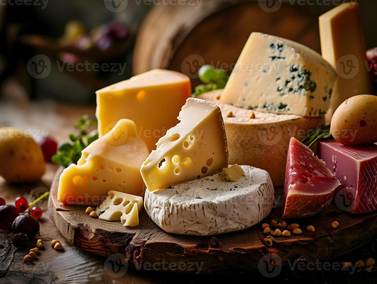 AI generated Commercial food photo of different types of cheese on wooden board. High-resolution. AI Generative