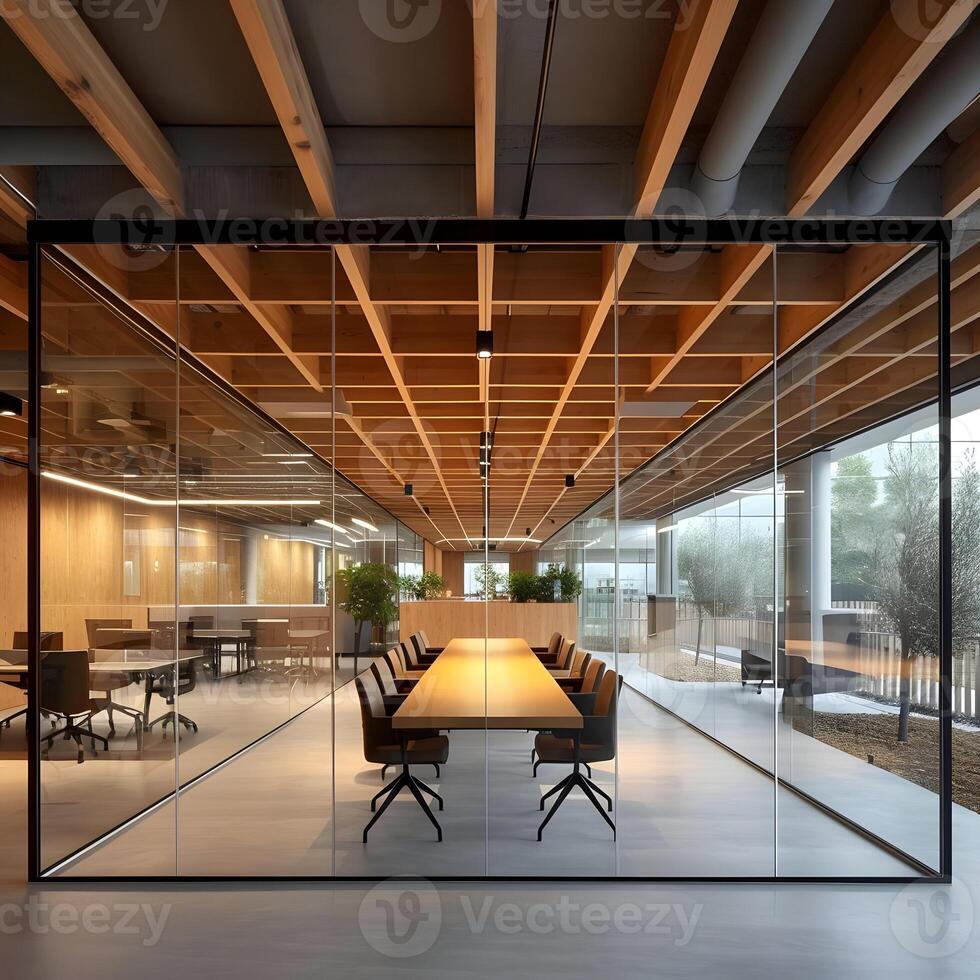 AI generated A transparent glass box partitions a large conference room in the office. High-resolution. AI Generative photo
