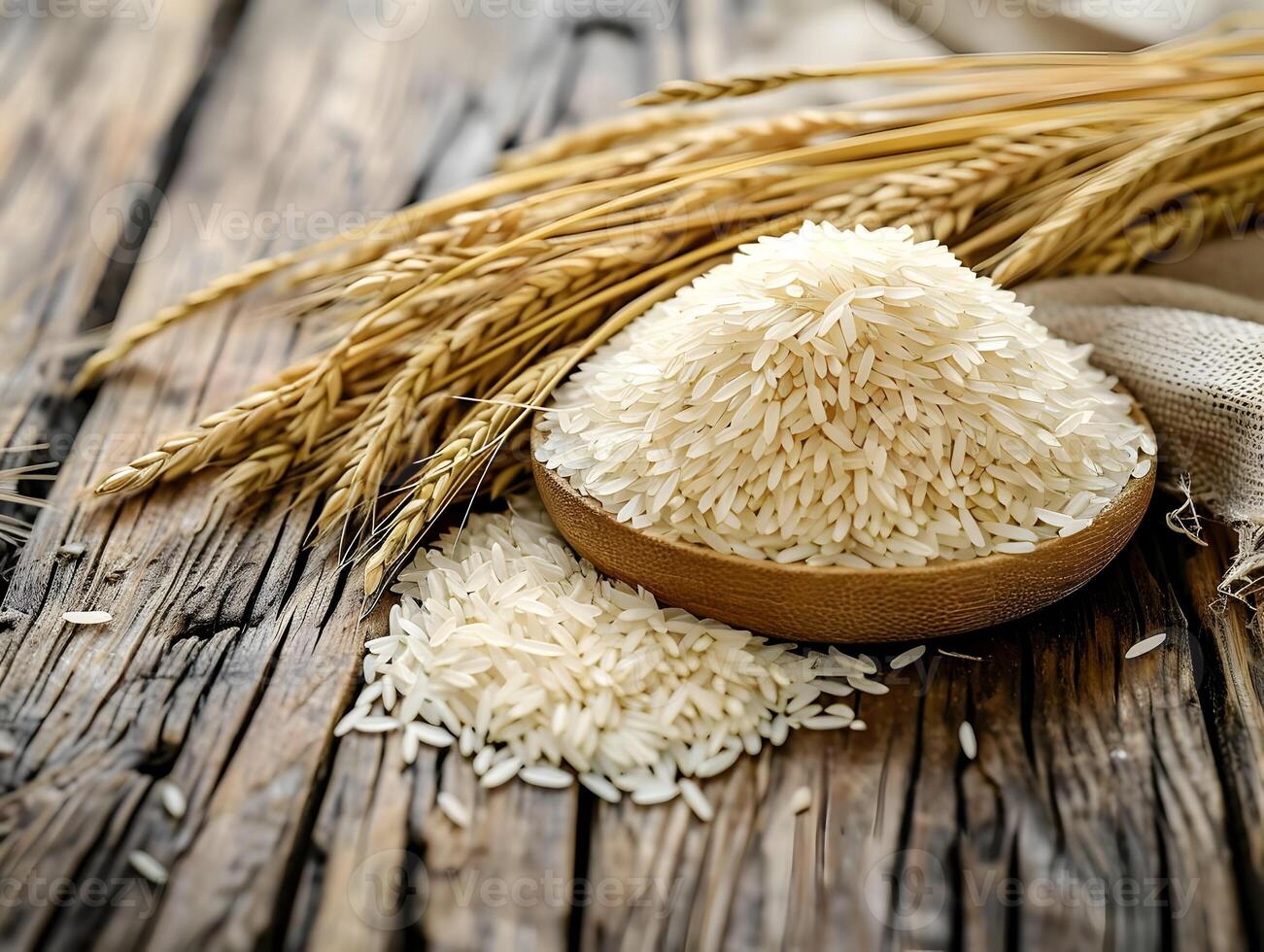 AI generated Long grain rice in a wooden bowl. White rice spills out on the wooden table. Food photo, light natural colors. High quality. AI Generative photo