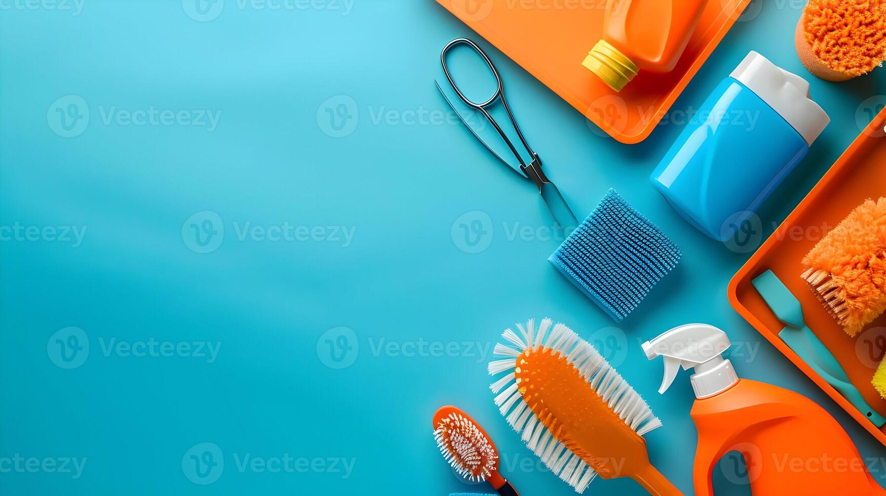 AI generated Housekeeping supplies minimal concept orange and blue colors. Cleaner and different brushes. High-resolution. AI Generative photo