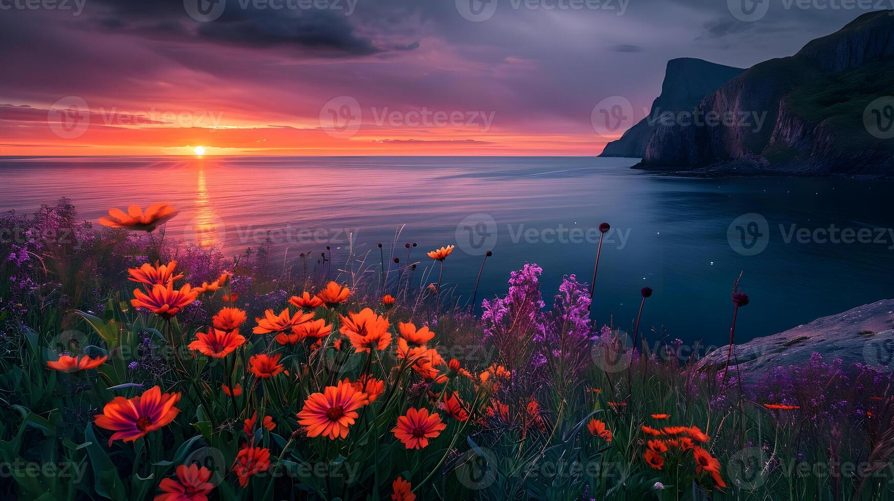 AI generated Wallpaper moody sunset ocean sun and mountains. Purple flower on the close view. High-resolution. AI Generative photo