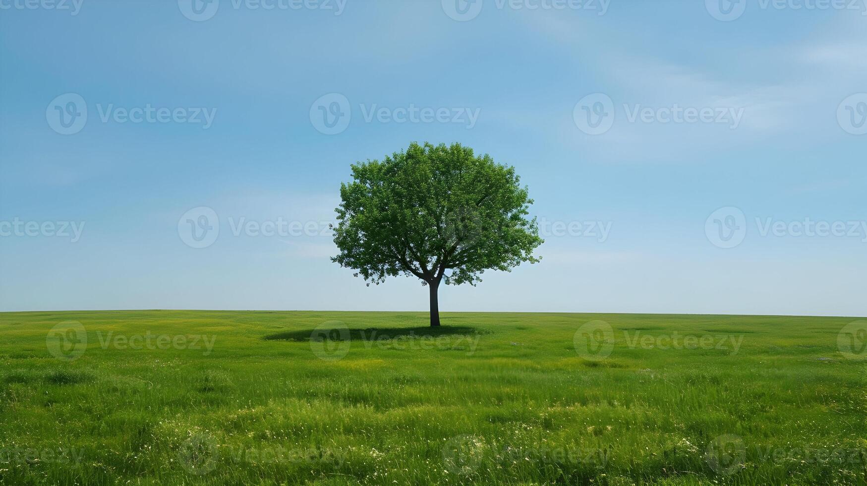 AI generated One tree on a wide grass plain with a blue light sky. A beautiful landscape bright sunny day. High-resolution. AI Generative photo