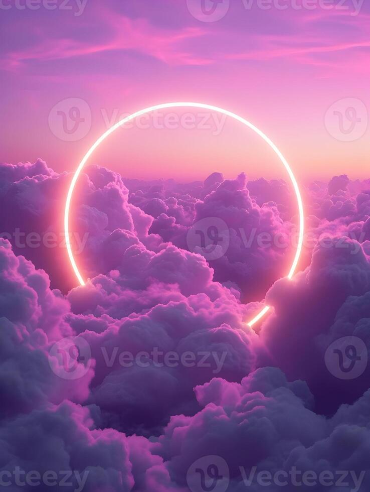 AI generated Vertical background of simple puffy deep purple and pink clouds with a neon circle in the center. High-resolution. AI Generative photo