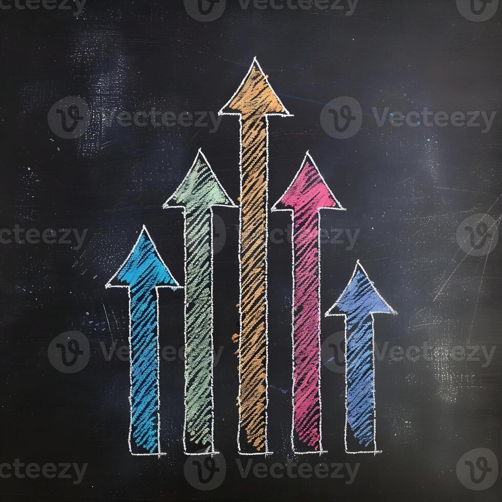AI generated Chalk arrows that show an uptrend on the blackboard. Vertical chart. High-resolution. AI Generative photo