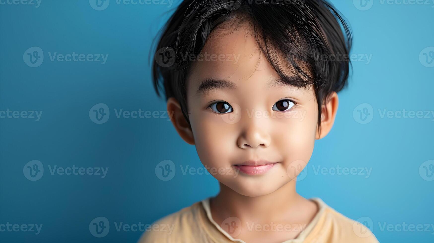 AI generated An Asian smiling small boy on a solid blue background. High quality. AI Generative photo