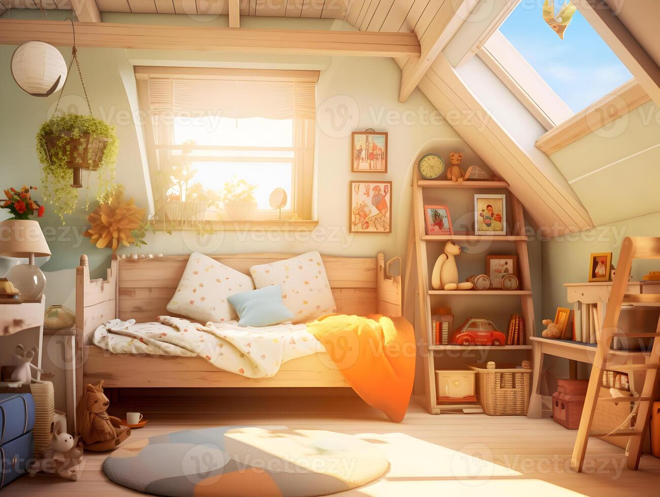 AI generated Cute cosy child room sunlight. Warm colors. High quality. AI Generative photo