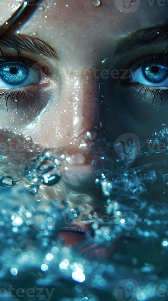 AI generated Blue female eyes look out of the water. Close-up woman portrait. High quality. AI Generative photo