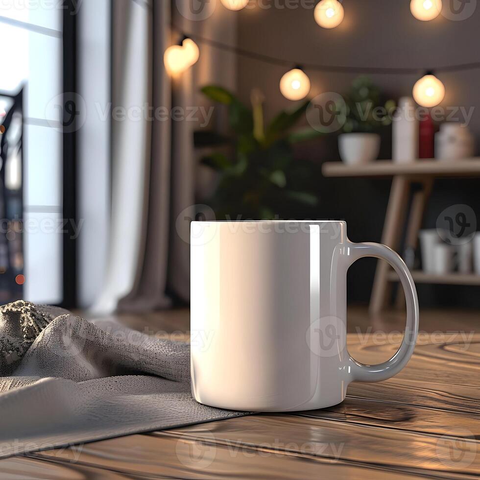 AI generated Mockup empty blank coffee mug in the cozy interior background. High-resolution. AI Generative photo