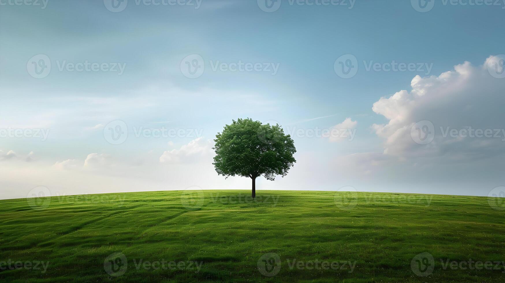 ai generado uno árbol en un amplio césped llanura con un azul ligero cielo. un hermosa paisaje. alta resolución. ai generativo foto