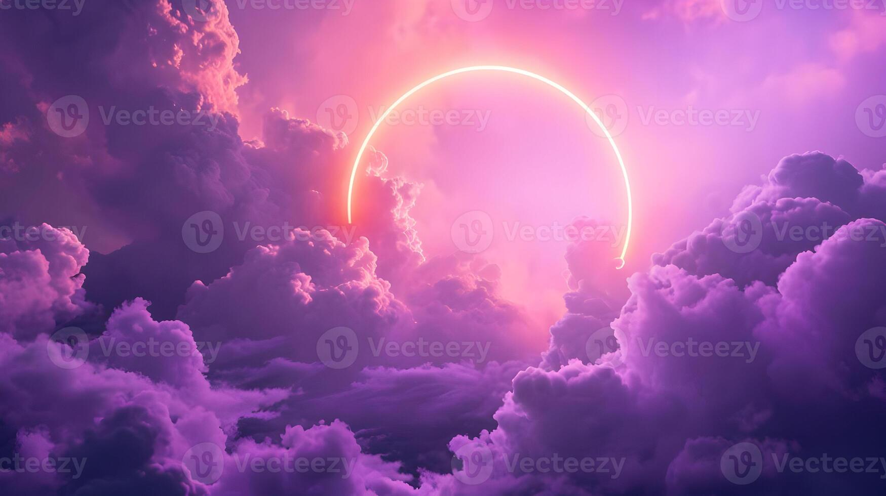 ai generado horizontal antecedentes de sencillo hinchado profundo púrpura y rosado nubes con un neón circulo en el centro. alta resolución. ai generativo foto