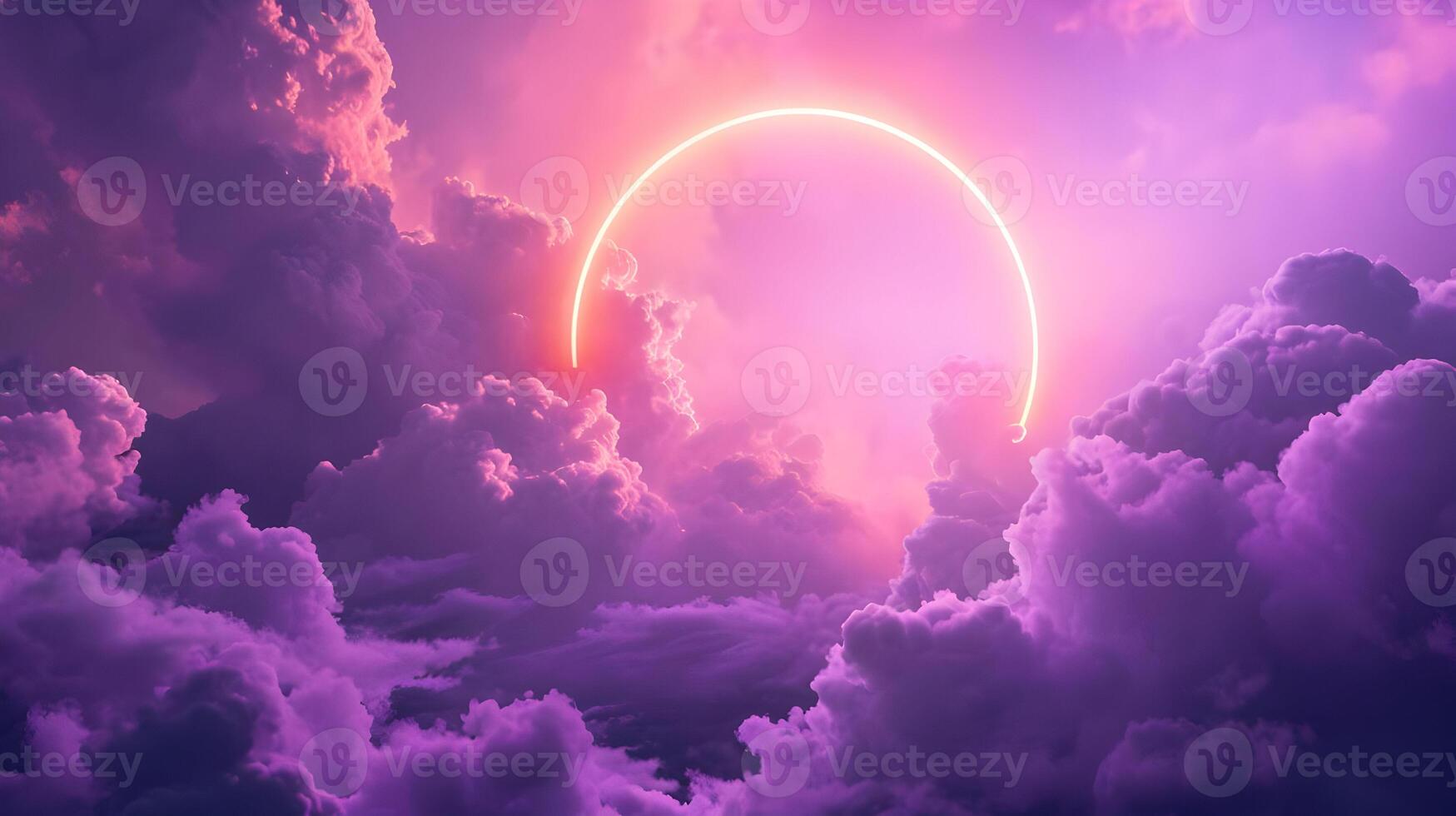 AI generated Horizontal background of simple puffy deep purple and pink clouds with a neon circle in the center. High-resolution. AI Generative photo