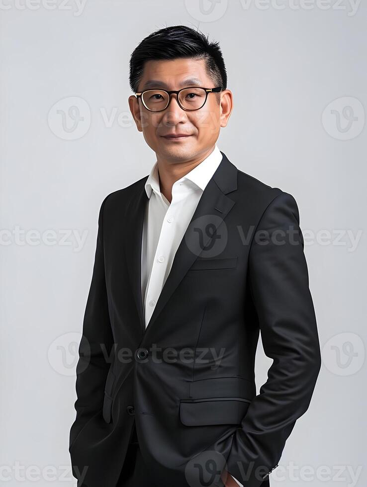 AI generated Corporate image photo of Asian man in glasses in black suit isolated. High quality. AI Generative