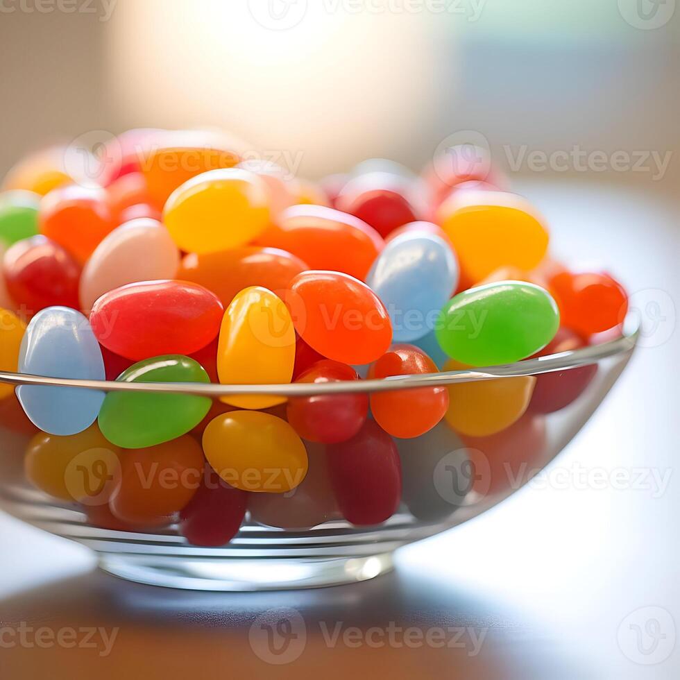 AI generated Close-up photo of a transparent bowl of colorful jelly beans. High quality. AI Generative