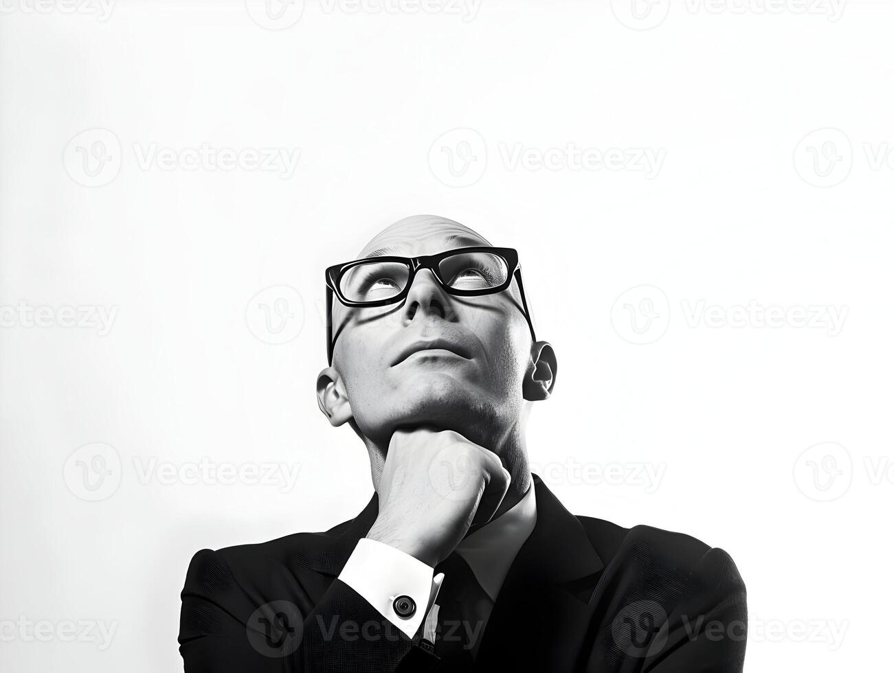 AI generated A bald man looking up isolated on a white background. Businessman wearing specs. Thinking person. High quality. AI Generative photo