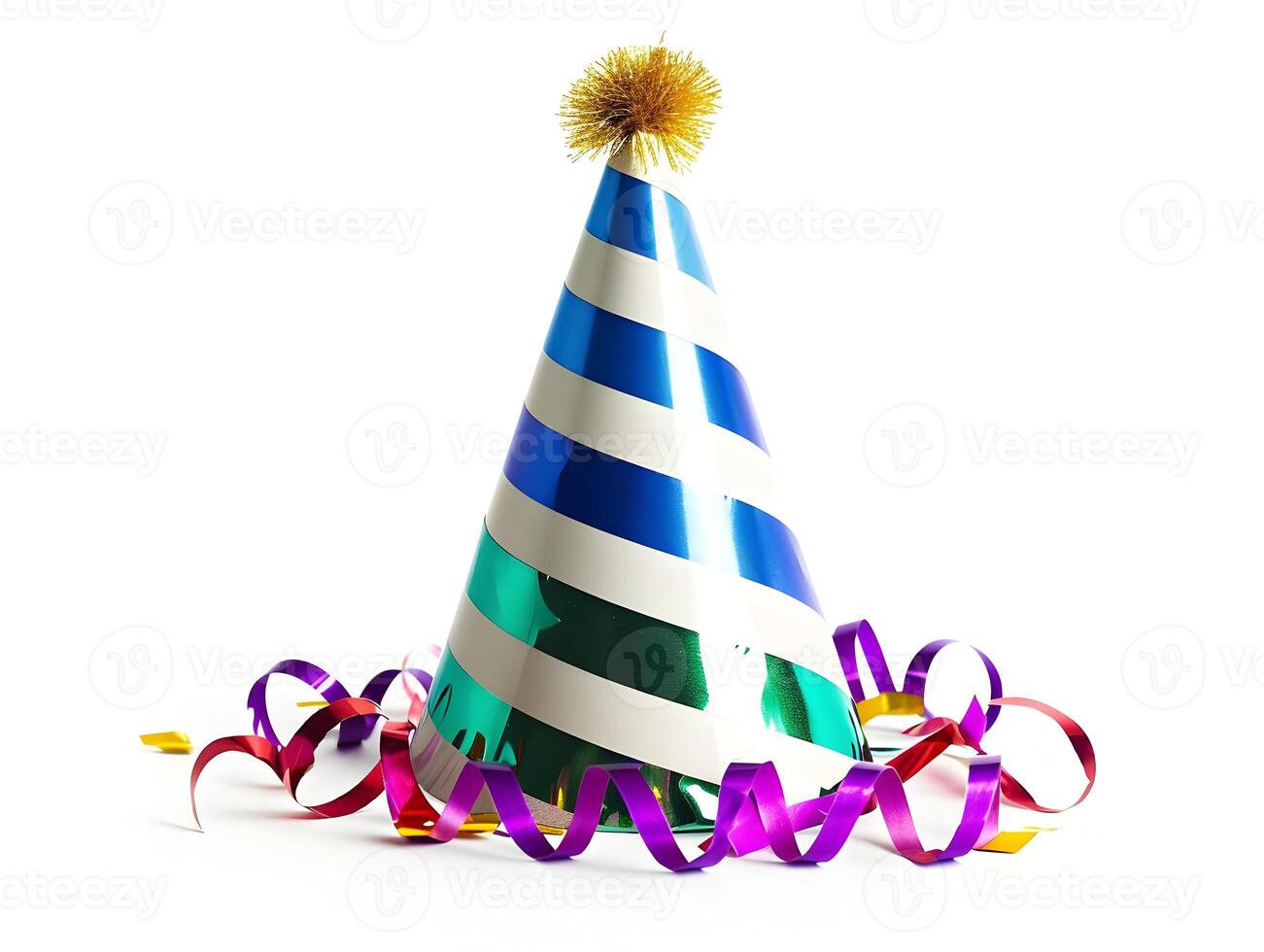 AI generated Blue in white stripy birthday hat isolated on a white background with pom-pom. High quality. AI Generative photo