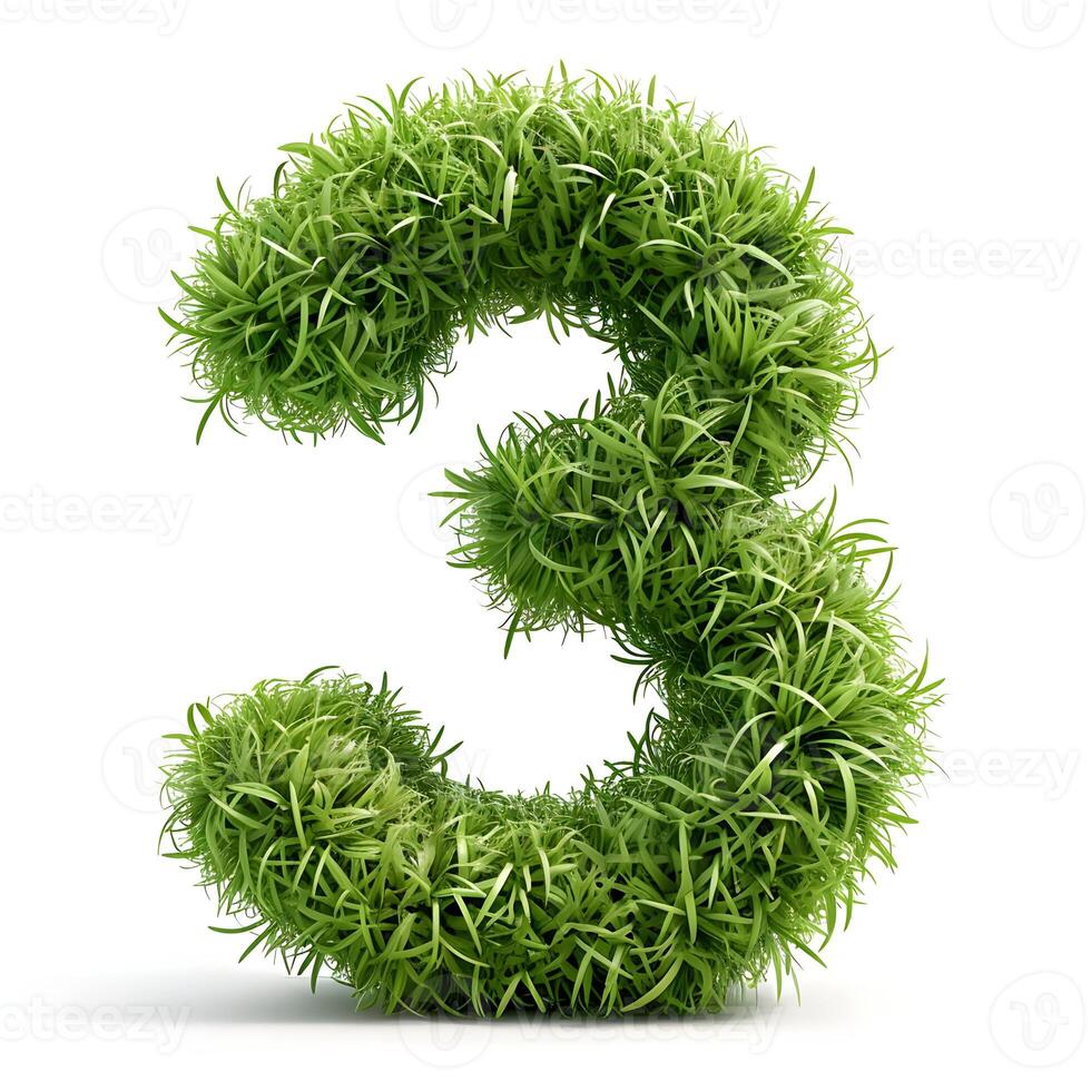 AI generated Cute green number three 3 as fur with short grass isolated on a white background. High-resolution. AI Generative photo