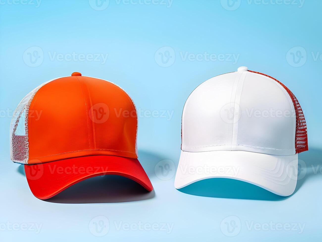 AI generated Two baseball caps mock-up placed side by side on a blue background. High-resolution. AI Generative photo