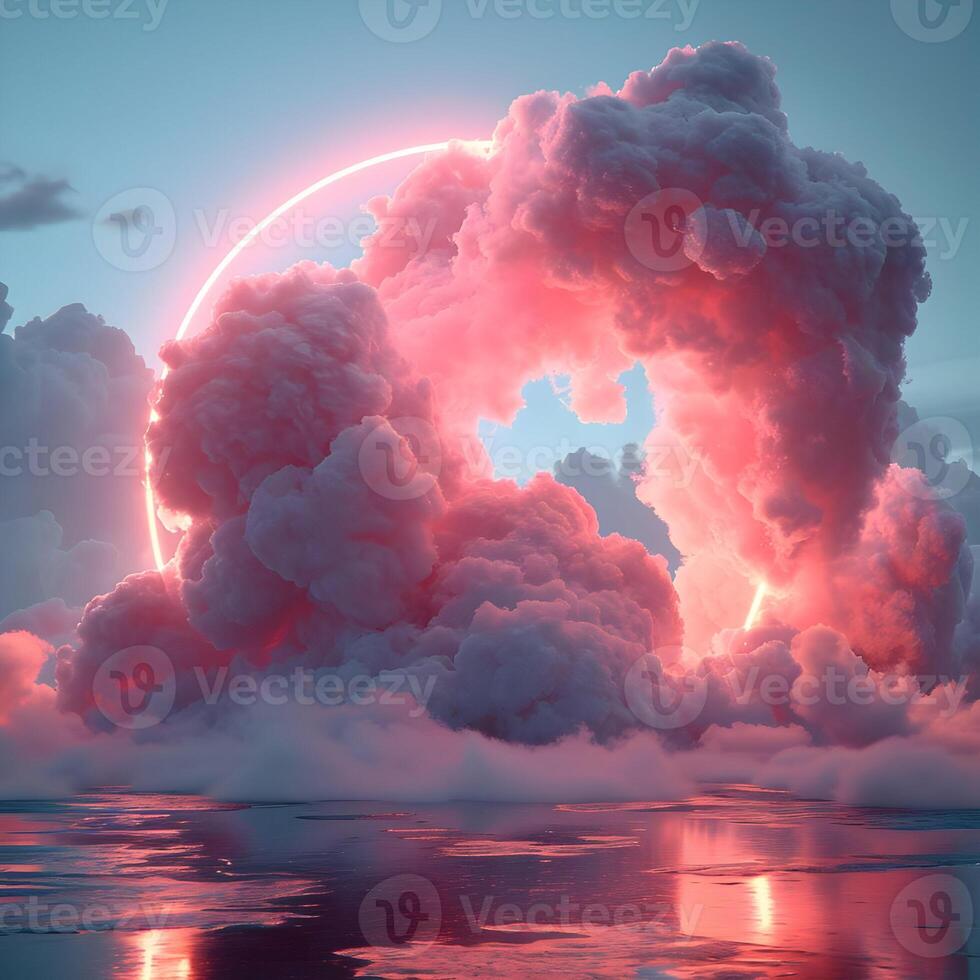 AI generated A background of simple puffy light pink clouds with a neon circle in the center. High-resolution. AI Generative photo
