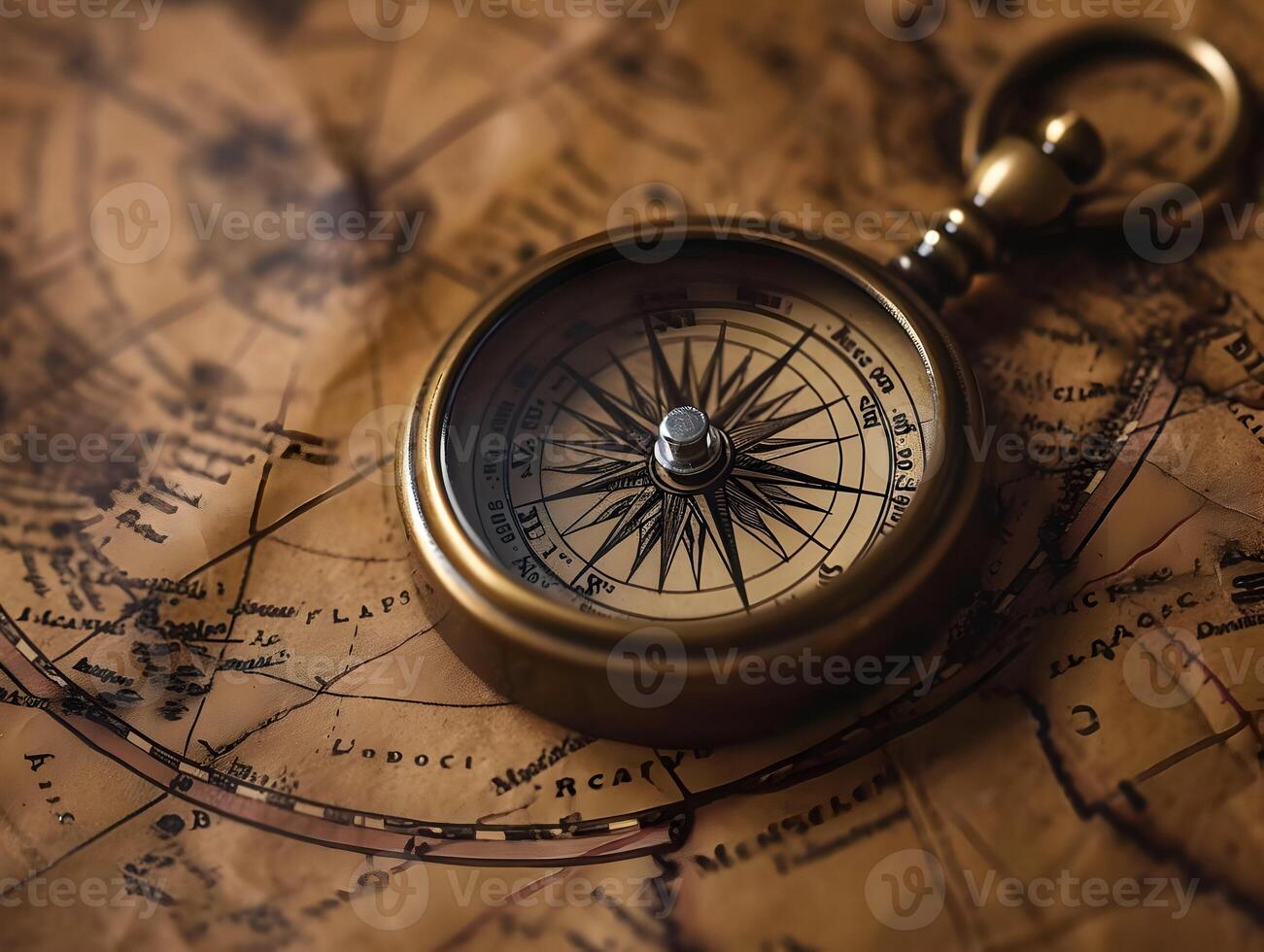 AI generated Old stylish compass lying on the map. High quality. AI Generative photo