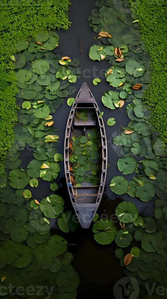 AI generated A boat surrounded by lotus and lily pads. High-resolution. AI Generative photo