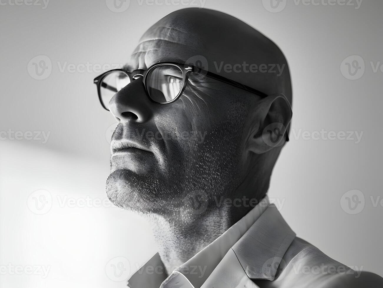 AI generated A bald man in specs minimalism. Stylish businessman black and white photo. High-resolution. AI Generative photo