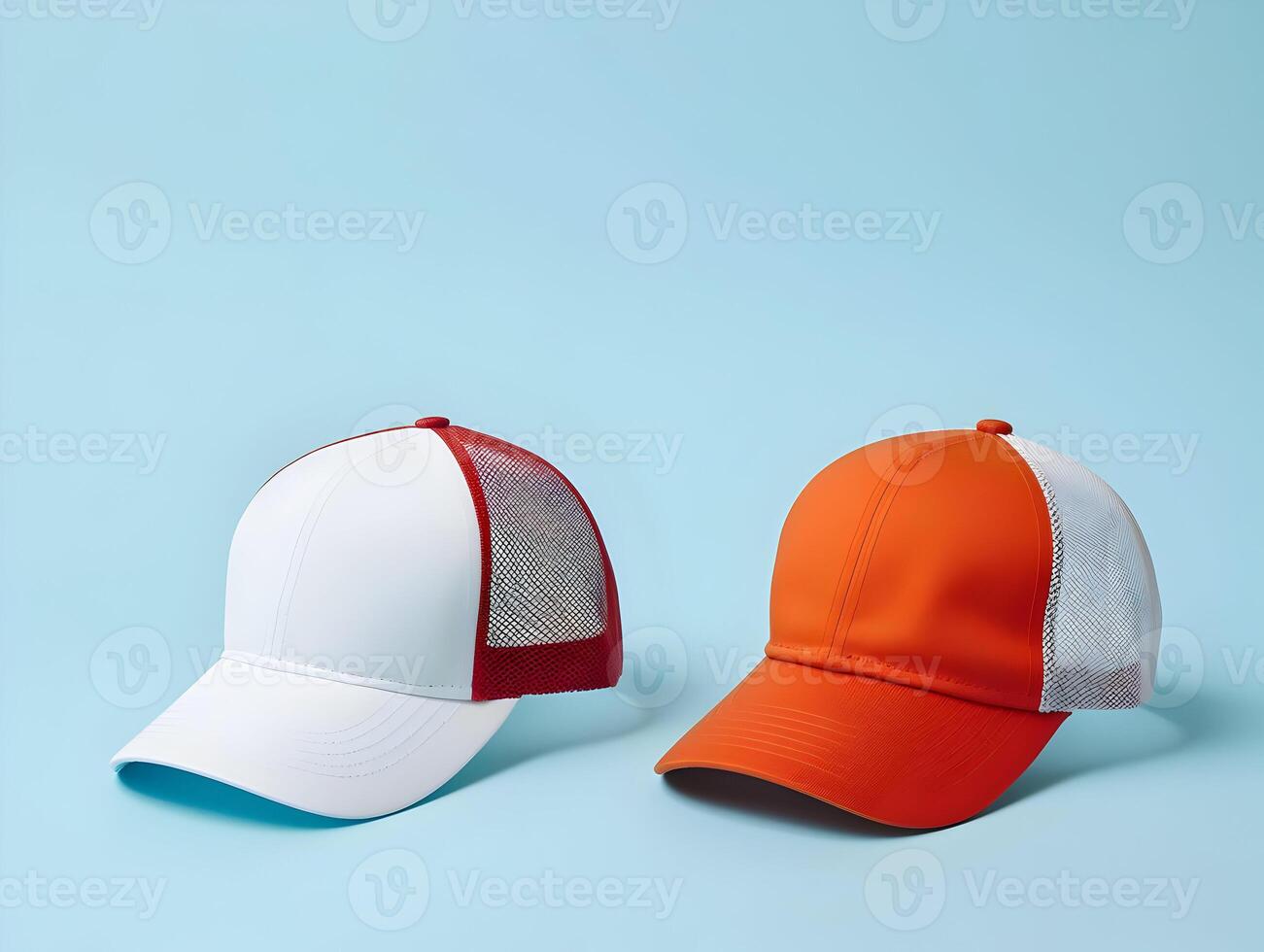 AI generated Two baseball caps mock-up placed side by side on a blue background. High-resolution. AI Generative photo