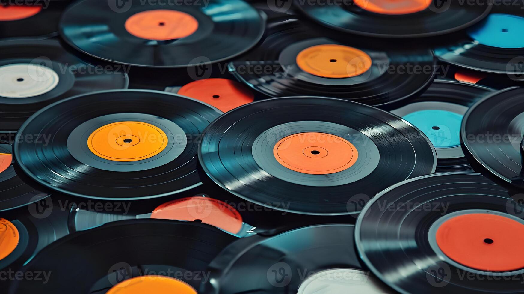 AI generated Side view of a pile of many vintage vinyl records background. High quality. AI Generative photo