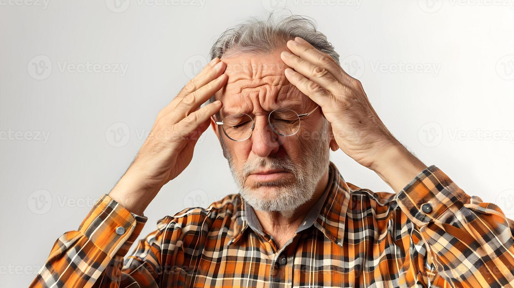 AI generated An old man with migraine headache holding his head isolated on a white background. High quality. AI Generative photo