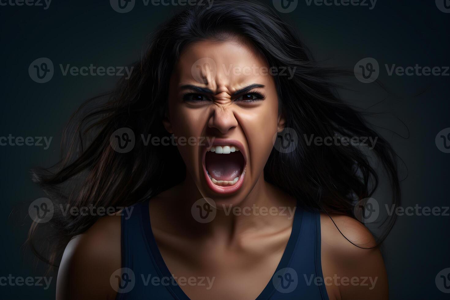 AI generated Angry young adult Latin American woman yelling on black background. Neural network generated photorealistic image. photo