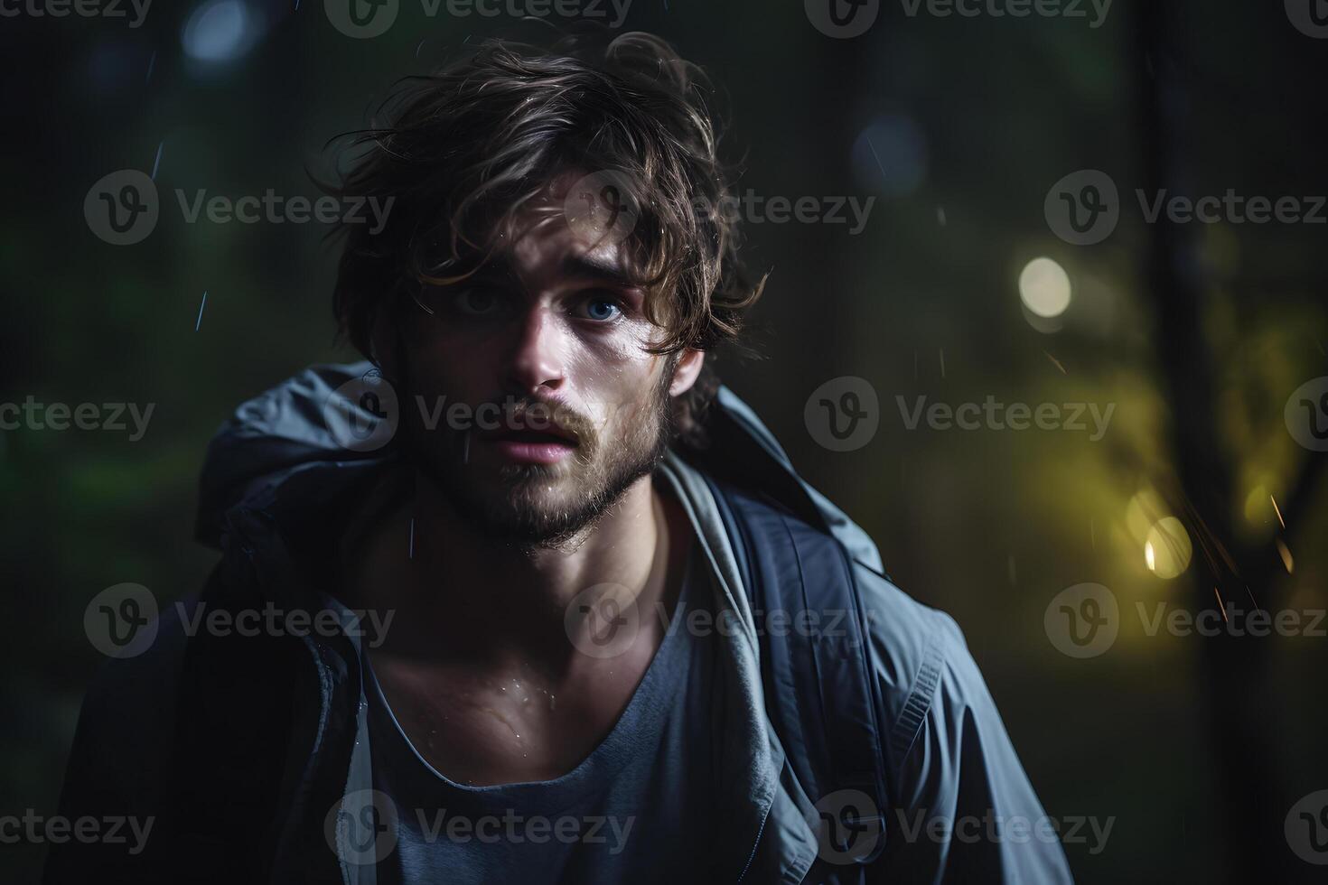 AI generated Young adult Caucasian man lost in summer forest at rainy night, neural network generated photorealistic image photo