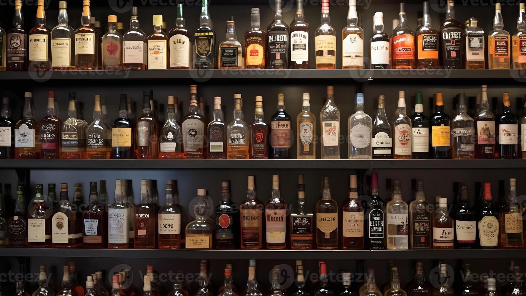 AI generated Liquor Store, Variety of Hard Liquor bottles on a shelfs - full frame background, neural network generated image photo