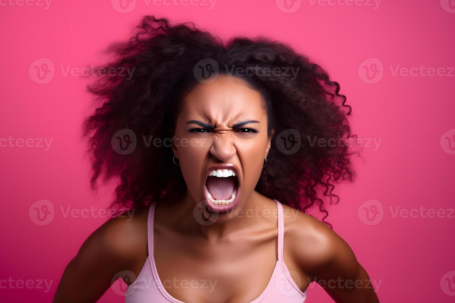 AI generated Angry young adult African American woman yelling, head and shoulders portrait on pink background. Neural network generated photorealistic image. photo