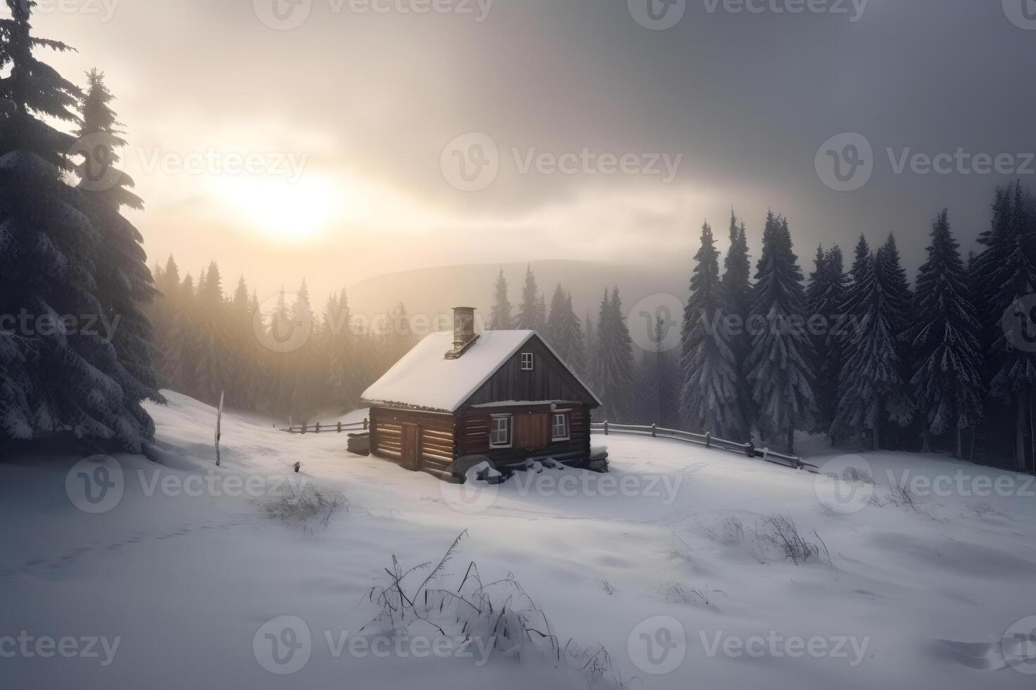 AI generated snow covered wooden house in mountains at winter sunrise, neural network generated image photo